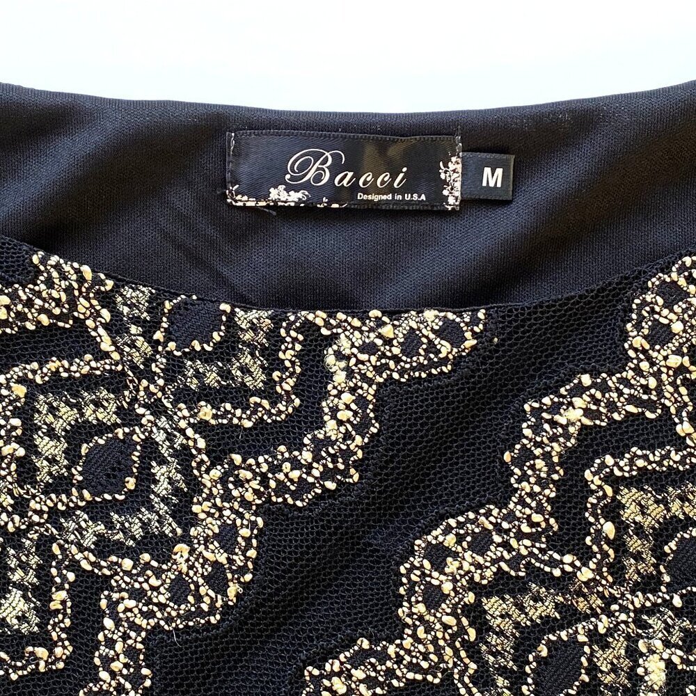 Bacci Black Lace & Metallic Gold Embroidered Dress Size M - Picture 3 of 15